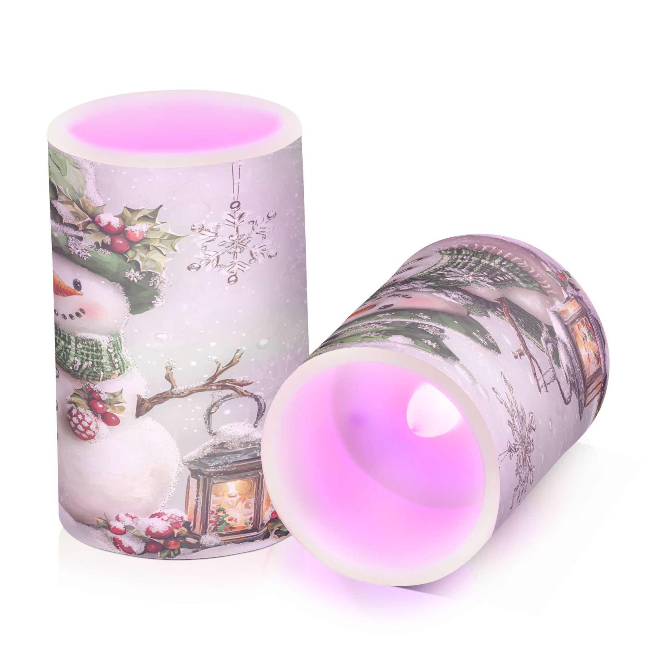 Flickering Flameless LED Candles set of 2 Battery Operated 18-Key Remotes Timer Halloween Fall Decor Snowman with Lamp D3''xH4''5''