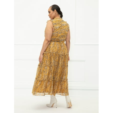 ELOQUII Elements Women's Plus Size Sleeveless Mixed Dot Print Ruffle Trim Dress