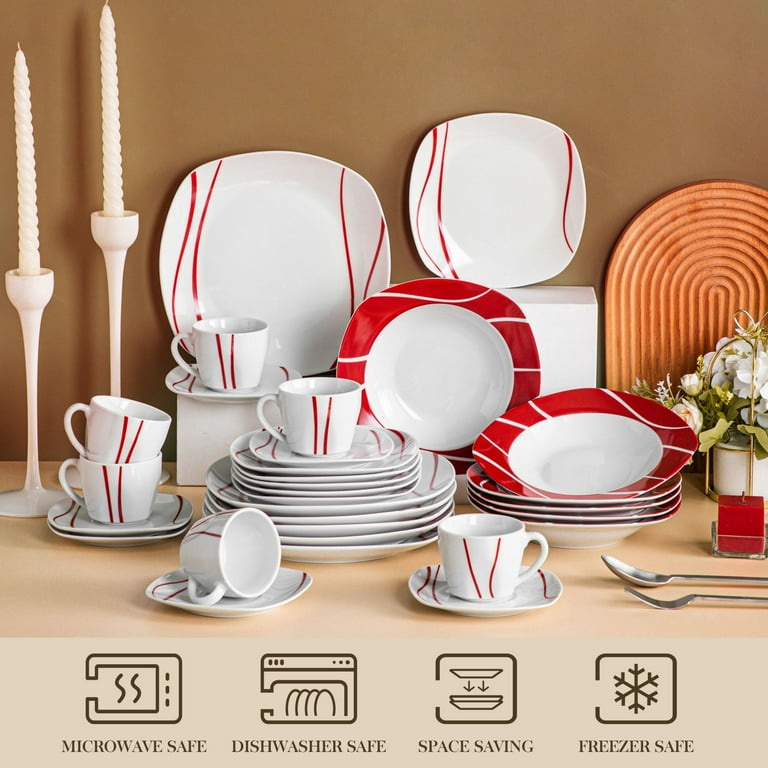 MALACASA, Series Felisa, 60-Piece Porcelain Dinnerware Set, Red