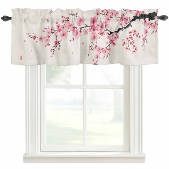 Cherry Blossom Window Valance Curtain Pink Floral Branch Rod Pocket Valance for Windows Short Curtain for Living Room, Bedroom & Kitchen Window Decor 54x18in