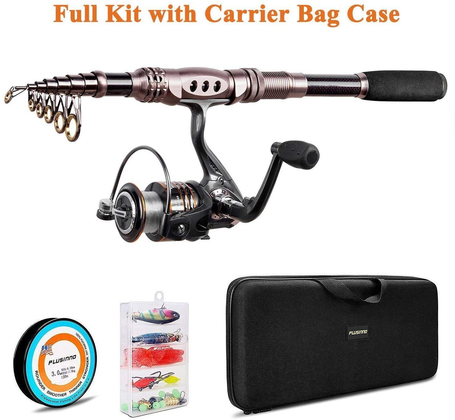 PLUSINNO Eagle Hunting I Telescopic Fishing Rod Reel Combos Full Kit, Spinning  Fishing Pole Line Lures Hooks Reel Fishing Carrier Bag Case Accessories  (Full Kit with Carrier Case,1.8M 5.91FT) 