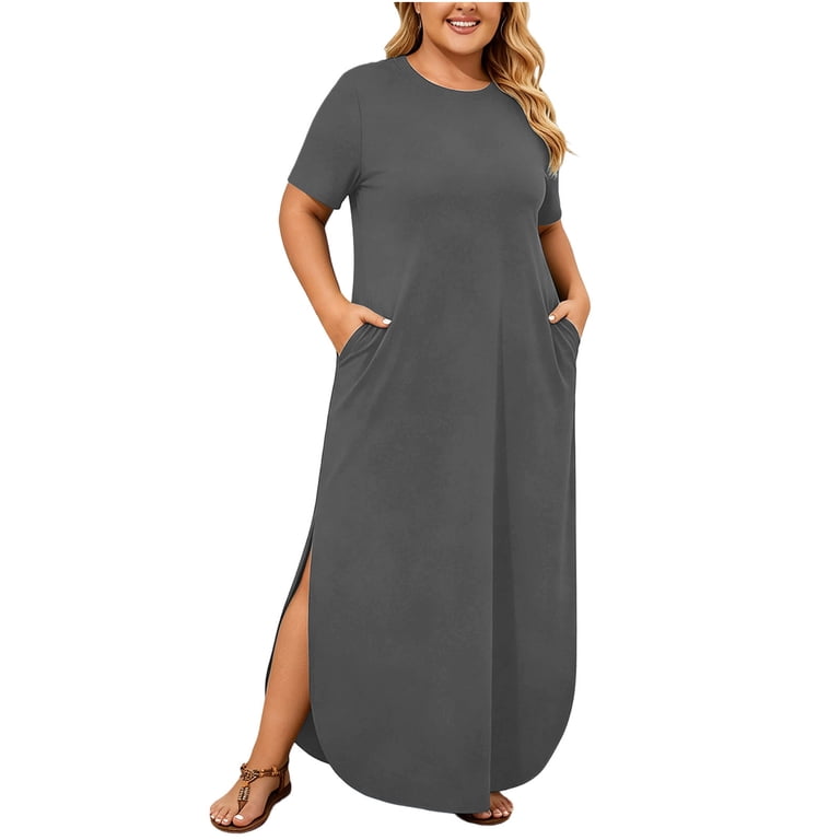 plus size long peplum dress HVOBTTY Summer Women's Short Sleeve Maxi Peplum Dress Plus Size Round Neck  Split Hem Pocket Out Wear