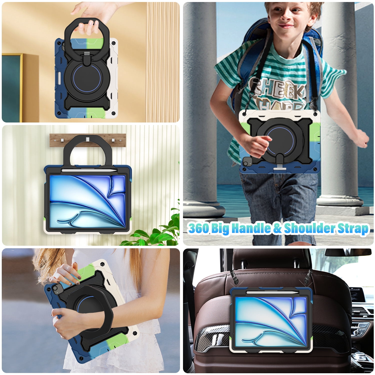 ROISKIN for iPad Air 11 inch Case (M3 2025/M2 2024)/ Air 6th Generation for Kids with HD Screen Protector, 360 Rotating Kickstand, Shoulder Strap, Pen Holder, Heavy Duty Military Case for iPad Air 11
