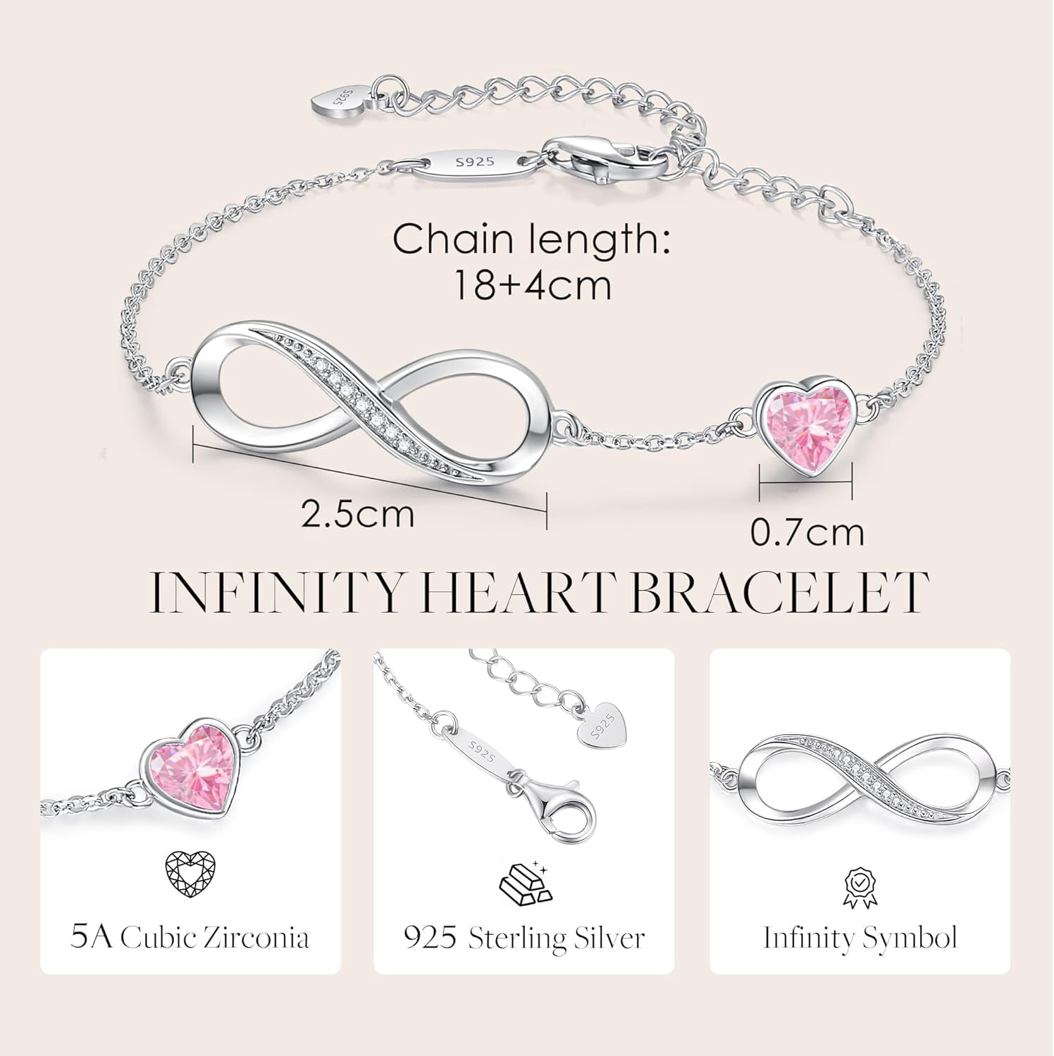 Tilga Infinity Heart Birthstone Charm Link Bracelet for Women 925 Sterling Silver Adjustable Mother's Day Gift Anniversary Birthday Jewelry for Wife Girlfriend Her