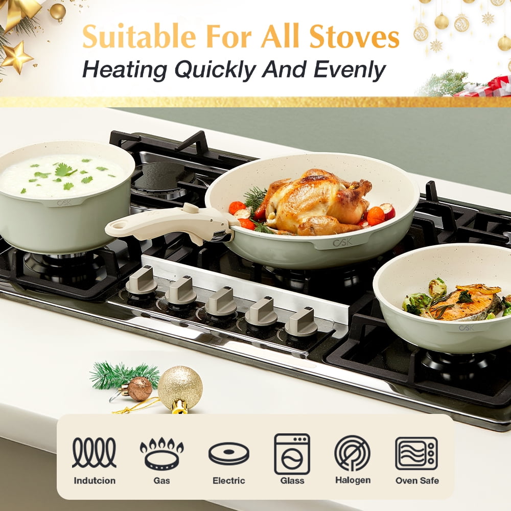 Koch Systeme CS Nonstick 17-Piece Pots and Pans Set, Nonstick Cookware Set Detachable Handle, Induction Kitchen Cookware Sets Non Stick with Removable Handle, Green