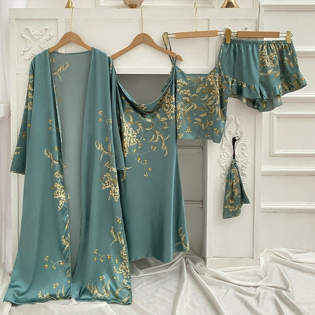 Pijama sencillo de cuatro piezas con estampado de cerezas para mujer, camisón fino, pantalones cortos con tirantes, falda con tirantes, traje para el hogar