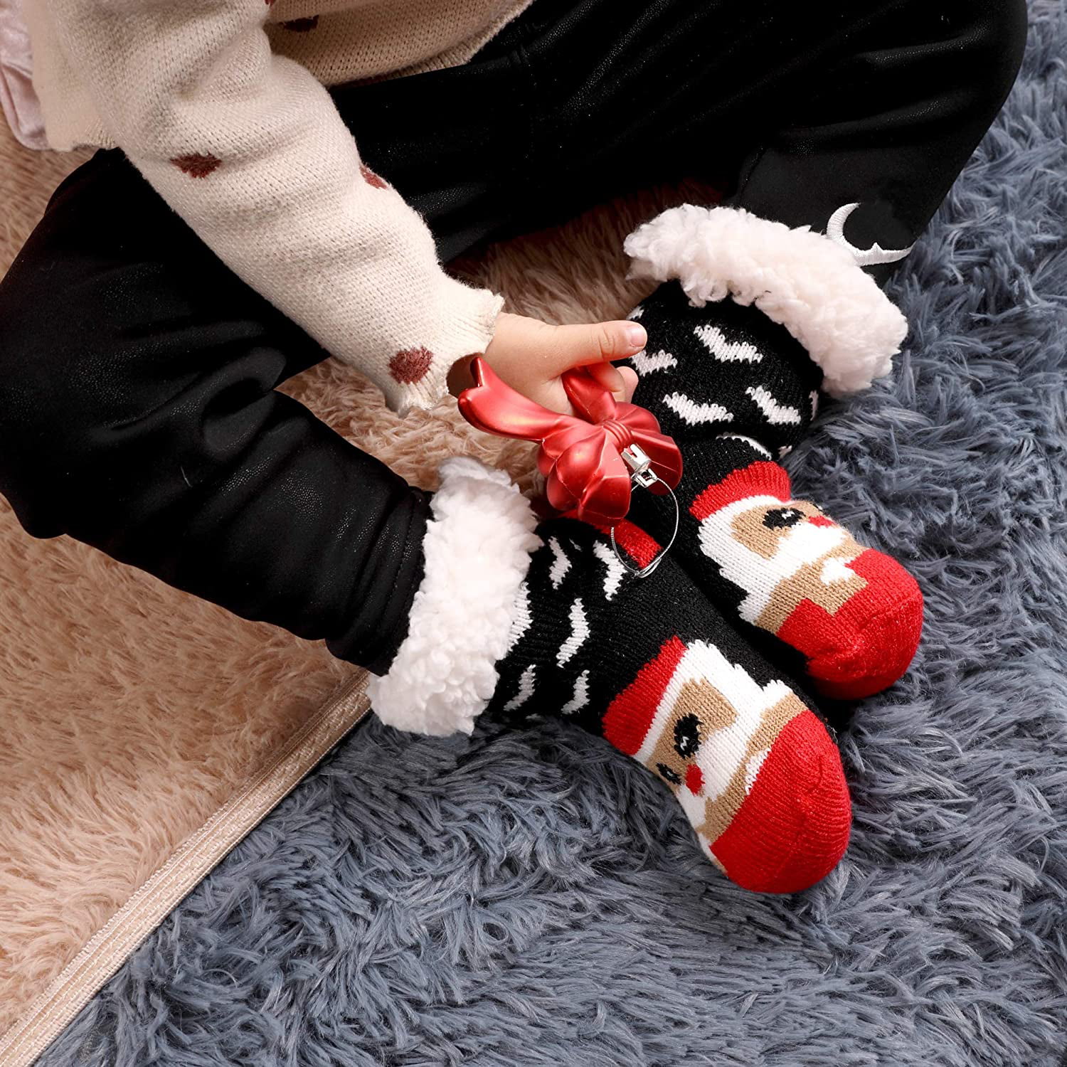 Baby Girls Boys Slipper Socks Soft Warm Fleece Lined Cozy Winter Toddler Kids Child Christmas Home Socks with Grippers 