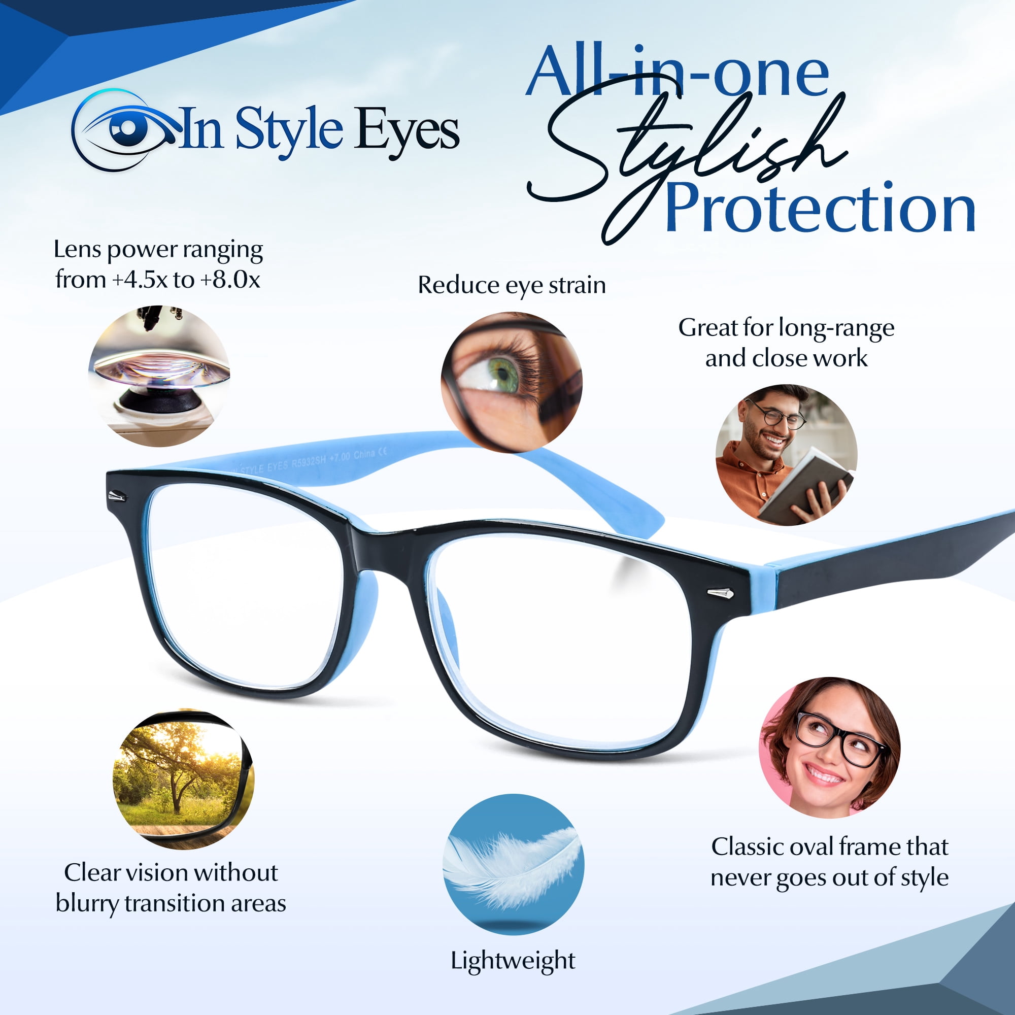 In Style Eyes Powerful High Magnification Men's Reading Glasses, 6.0x, Clear Tint, Blue 1 Pair