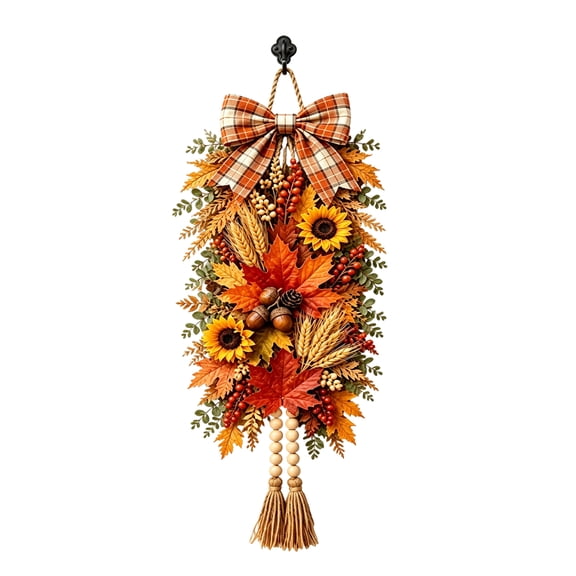Fall Door Hanging Swag with Maple Leaves Sunflower Wheat Berries Bow and Tassel for Front Door Wall Porch Seasonal Decor