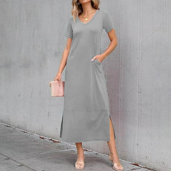 Delliss Women's V Neck Short Sleeve Slim Fit Dress Trendy Side Slit Dress With Pocket Club Evening Party Formal Maxi Dresses