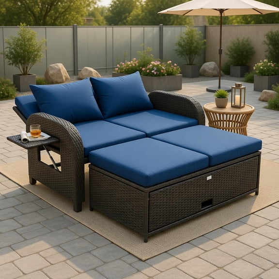 Resenkos Navy Blue & Brown All-Weather Wicker Outdoor Daybed Set with Adjustable Backrest, Storage Ottoman and Foldable Side Tables – 3-in-1 Convertible Patio Loveseat for Backyard, Deck or Balcony