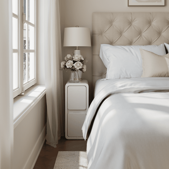 Muwuele Narrow Nightstand with Leather Surface, White Nightstand with 2 Drawers, Solid Wood Bedside Table for Bedroom, Fully Assembled