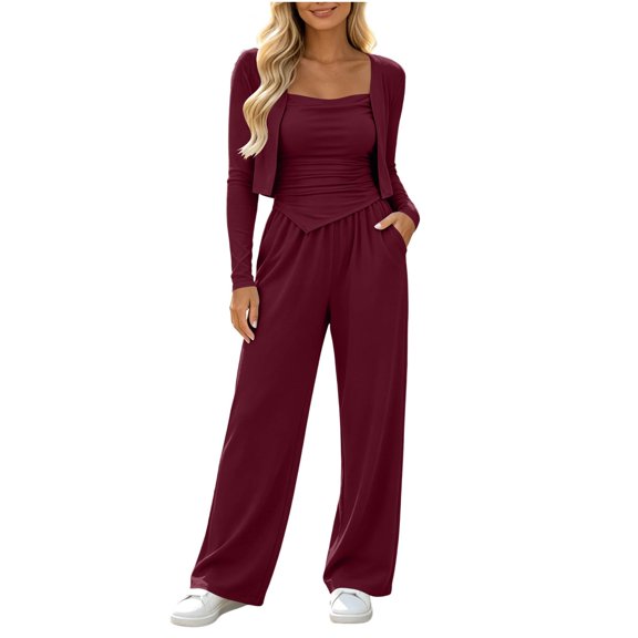 vdgthytj 3 Piece Sets for Women Long Sleeve Cropped Cardigan Irregular Tank Top Wide Leg Pants Fall Casual Loungewear Outfits(X-Large,Wine)