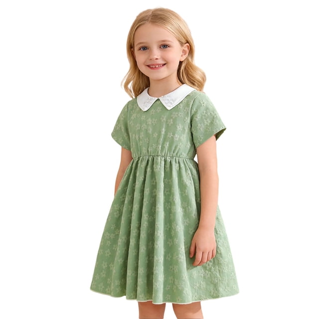 WRKEKC Robe Fleurie pour Filles Col Peter Pan Imprimé Floral Robe d'Été Décontractée Style Ligne A pour Filles 3-11 Ans