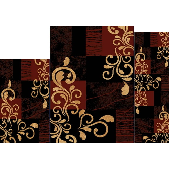 Home Dynamix Brown/Ebony Transitional Casual Vines Blocks 3PC Rug Set - Area Rug (5' x 7'), Runner (2' x 5'), Accent Mat (2' x 3')