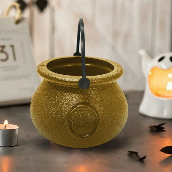 Halloween Witch Cauldron Candy Bowl Plastic Treat Container Party Decor - Carry Handle Themed Design Trick or Treat(Gold)