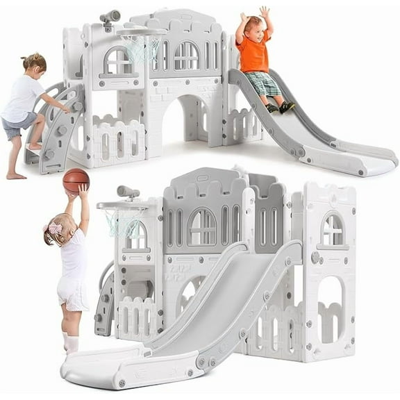 8 in 1 Toddler Slide Indoor Playground, Indoor Slide Toddler Playset for Toddlers 4 , Kids Outdoor Playground with Basketball Hoop, Climber, Crawling Tunnel, Telescope, Toy Storage(White Grey)