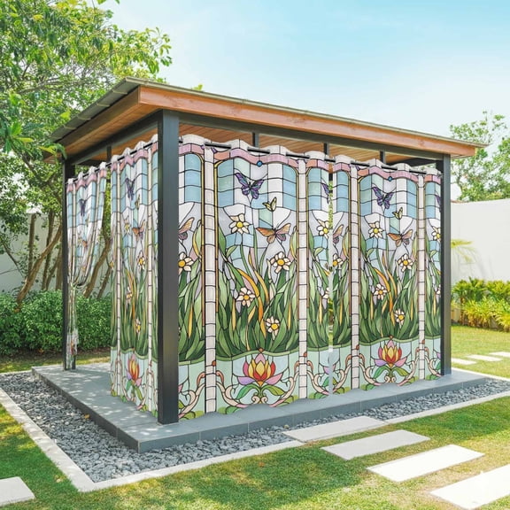 Retro Window Flowering Outdoor Curtains for Patio Waterproof, Colorful Floral Butterflies Art Grommet Curtains for Porch Outside Privacy Drape for Gazebo Garden Pergola, 1 Panel, 54x84in