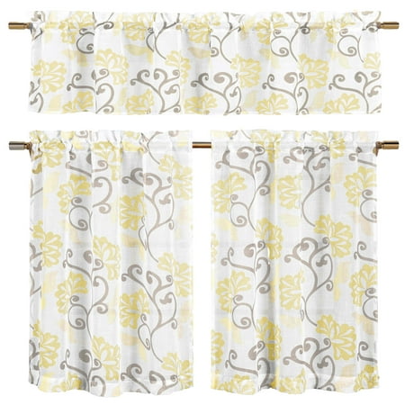 Ardent Designs Vines - Bathroom and More Collection Yellow, Taupe and Off-White 3-Piece Sheer Window Curtain Set: 1 Valance, 2 Café/Tiers, Floral Vine Design (24
