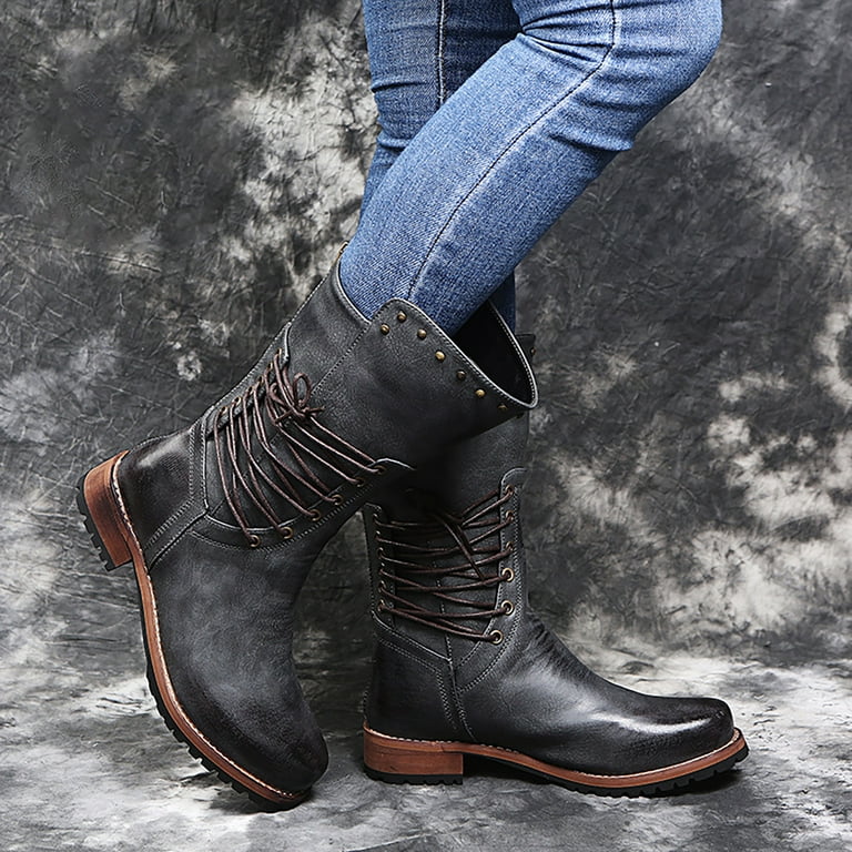  Boots for Women Casual Fashion Autumn Winter Boots Vintage  Mid-Calf Lace Up Thick Heels Shoes Warm Snow Boots : Clothing, Shoes &  Jewelry