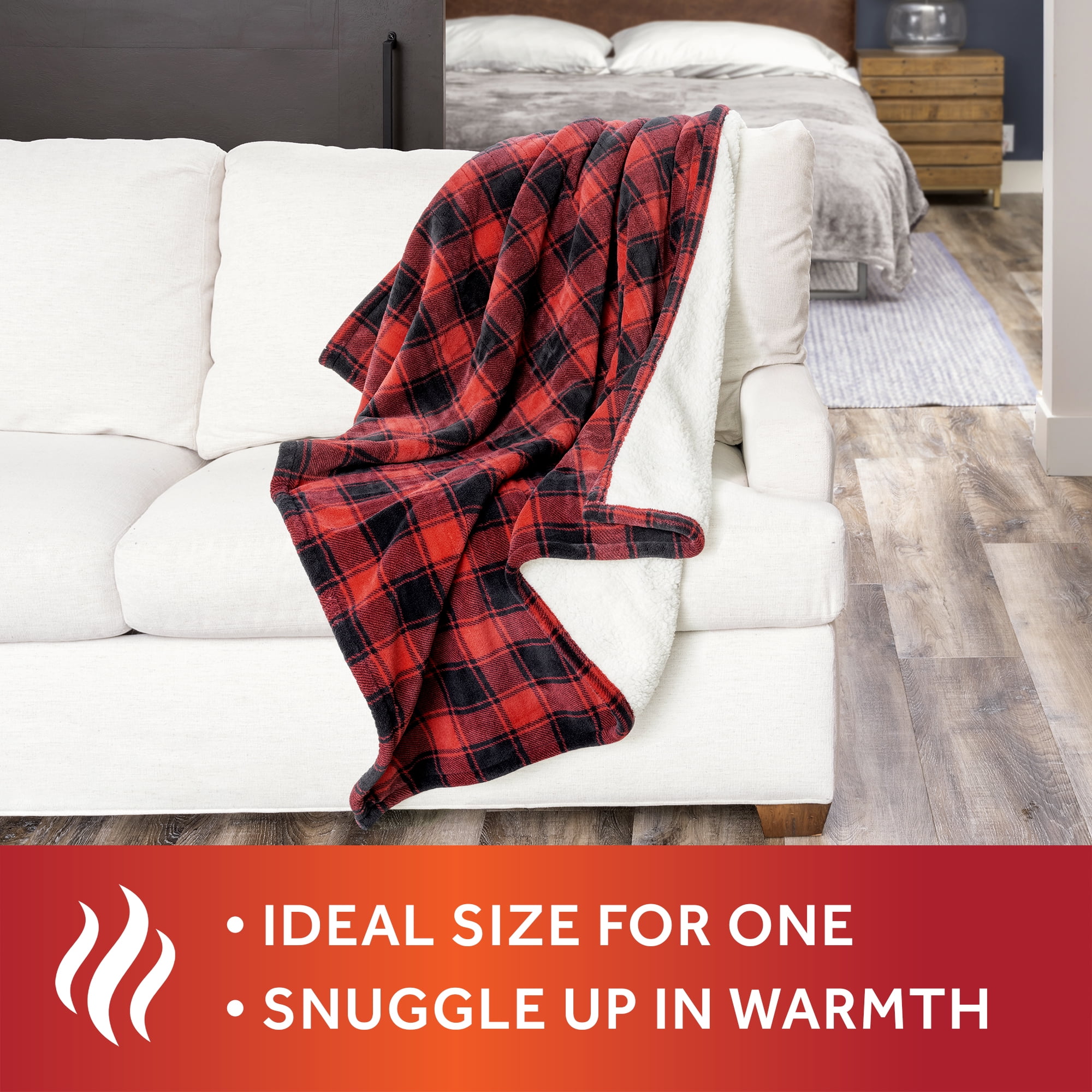 Sunbeam Heated Electric Throw Blanket Cozy Sherpa Red Buffalo Checker Walmart