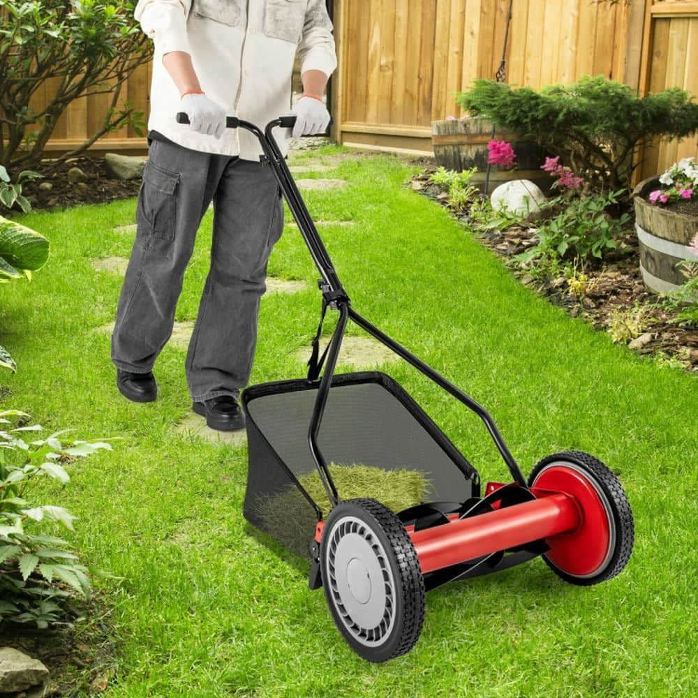 Demifill 14 Inch Push Lawn Mower with 5 Steel Blades and Grass Catcher Bag, Lawn Mower for Outdoor as Garden, Backyard, Porch, Red