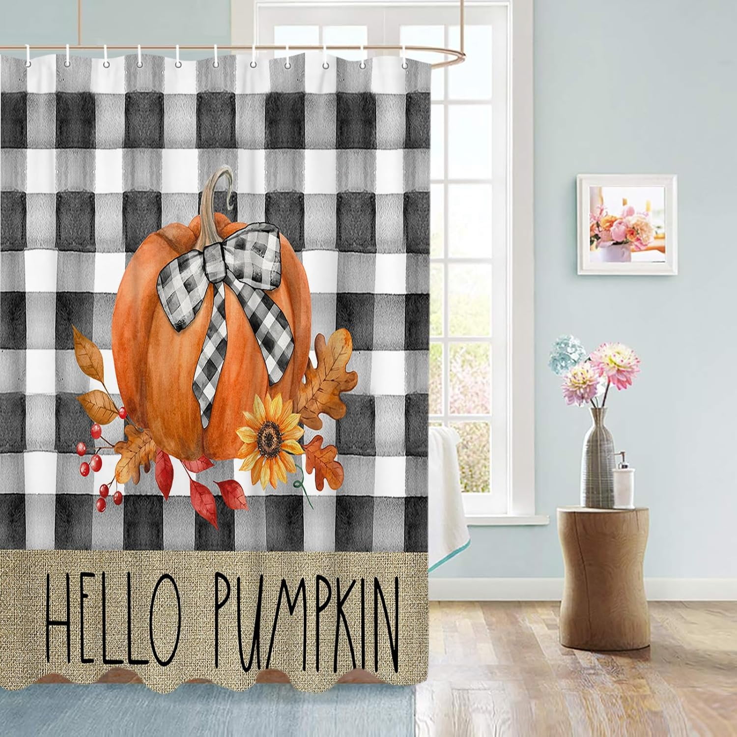 Fall Shower Curtain Hello Pumpkin Shower Curtains for Bathroom Autumn Leaf Sunflower Buffalo Plaid Bath Curtains Sets for Autumn Thanksgiving Seasonal Bathroom Decor Fabric Waterproof 72 x 72 in