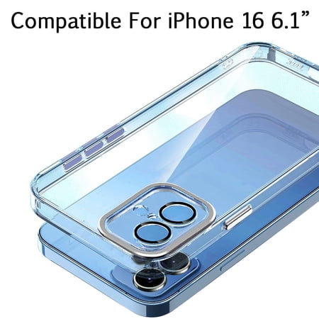 For Apple iPhone 16 (6.1") Transparent Clear Hybrid with Metal Buttons and Camera Protection Hard PC + TPU Rubber Cover ,Xpm Phone Case [ Clear / Black ]