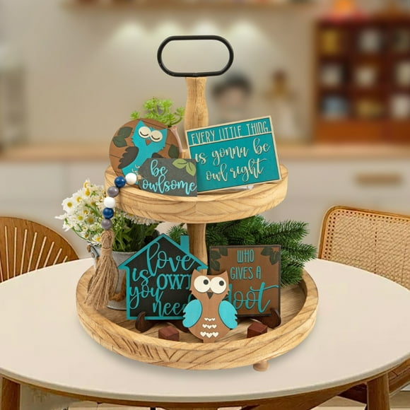 Blue Summer Tiered Tray Owl Tray Wooden Sign Cozy Home Mantel Tabletop Shelf Metal Three Tier Stand