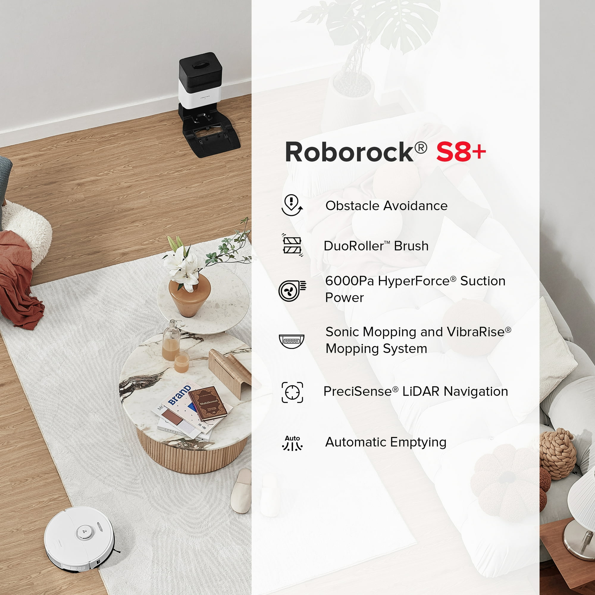 Roborock® S8+ Robot Vacuum Cleaner and Sonic Mopping with Auto-Emptying, 6000 Pa, and Obstacle Avoidance
