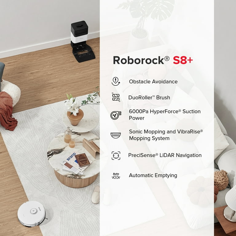 Roborock® S8+ Robot Vacuum Cleaner and Sonic Mopping with Auto-Emptying,  6000 Pa, and Obstacle Avoidance 