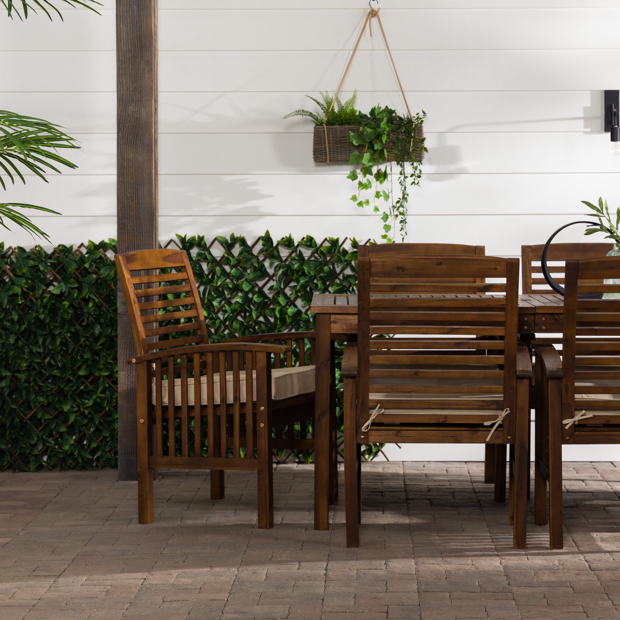 Modern 7-Piece Solid Acacia Wood Outdoor Dining Set with Cushions - Dark Brown