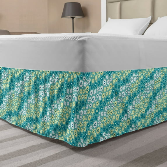 Floral Bed Skirt, Continuous Abstract Cutsy Flowers Spring Inspired Theme Print, Elastic Bedskirt Dust Ruffle Wrap Around for Bedding Decor, 4 Sizes, Pale Yellow Sea Blue, by Ambesonne