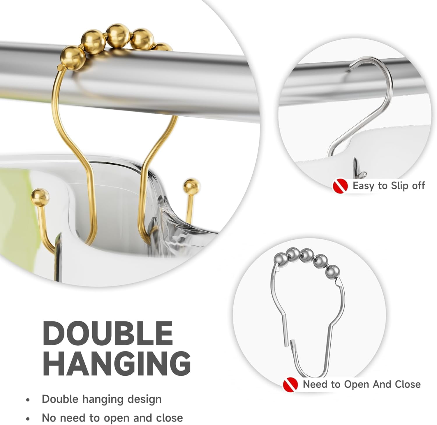 MKEUDQ-Shower Curtain Hooks, Shower Curtain Rings Rust Proof Double Hook Shower Curtain Hooks with Clindrical Design, 12 Pcs Black Shower Hooks for Shower Curtain, Metal Shower Rod Hooks