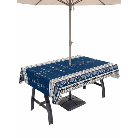 Outdoor Tablecloth with Umbrella Hole for Patio/Picnic/Party/Camping, Navy Blue Boho Waterproof Table Cloth Rectangle Table Cover Washable, Vintage Ethnic Tribe Abstract Art (60"x 102")