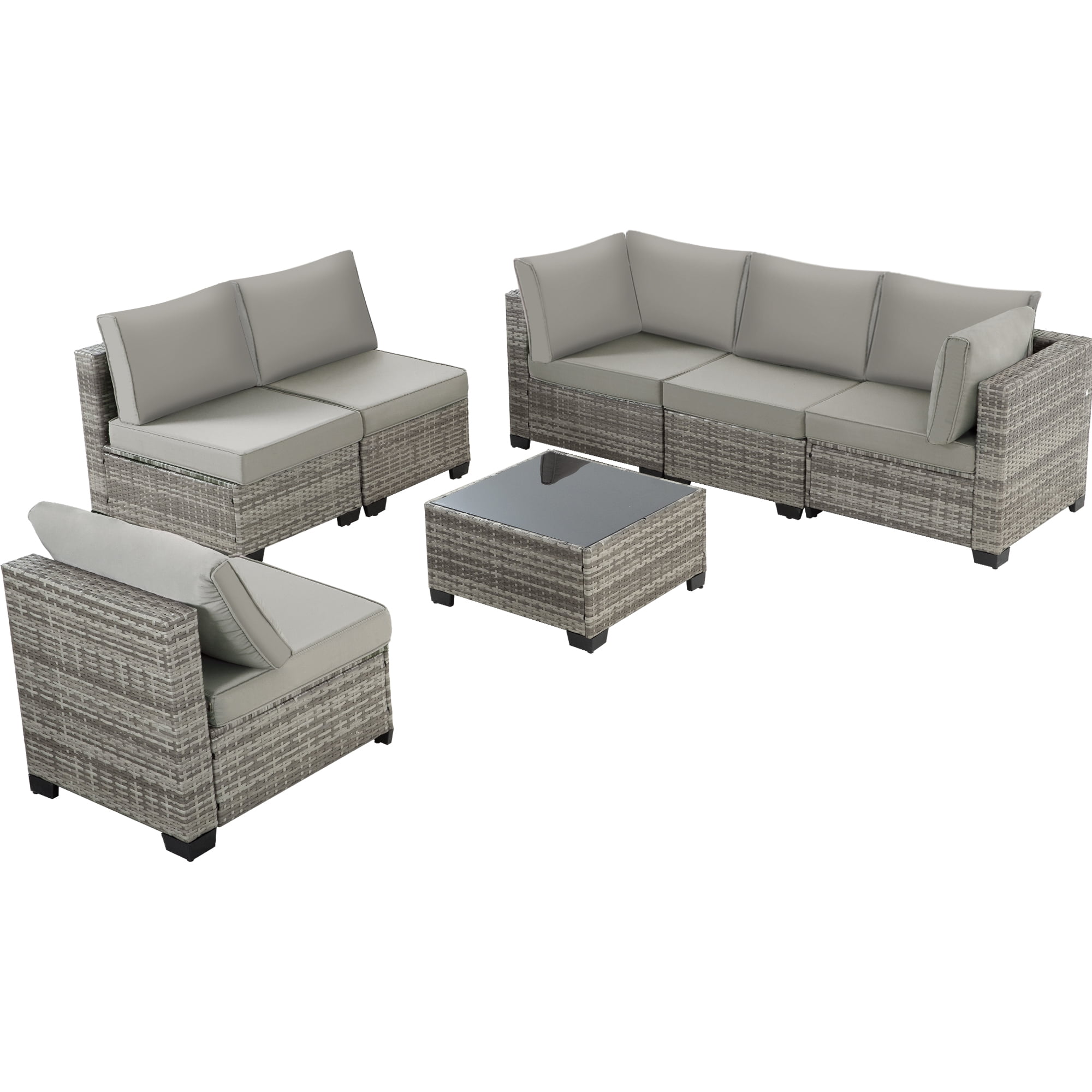 7 Piece Patio Furniture Sets Outdoor Sectional PE Rattan Outdoor Furniture Patio Conversation Set with Cushions and Glass Coffee Table, for Balcony Lawn and Garden, Grey