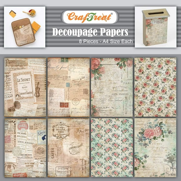 CrafTreat Vintage French Decoupage Paper for Crafts - French Background and Floral Fantasy - Size: A4-8 Pcs - Script Decoupage Paper for Scrapbooking - Furniture Decoupage Paper French Writing