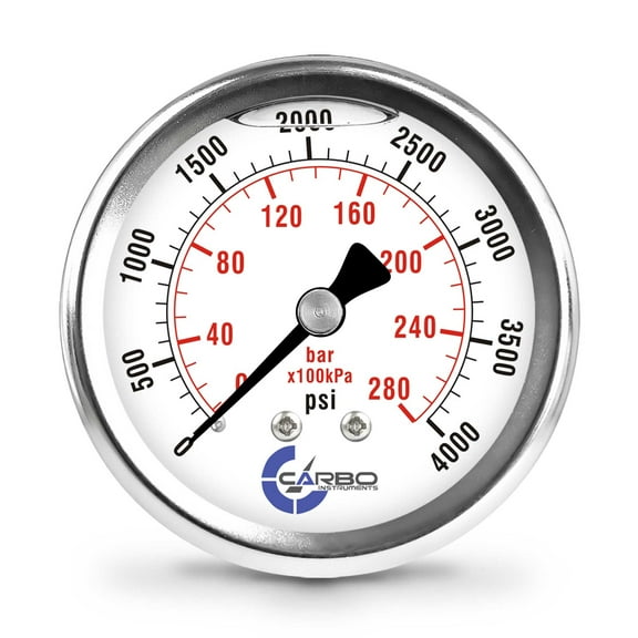 CARBO Instruments 2 1-2" Pressure Gauge, Stainless Steel Case, Chrome Plated Brass Connection, Lqiuid Filled, 0-4000 psi/kPa, Back Mount 1/4" NPT