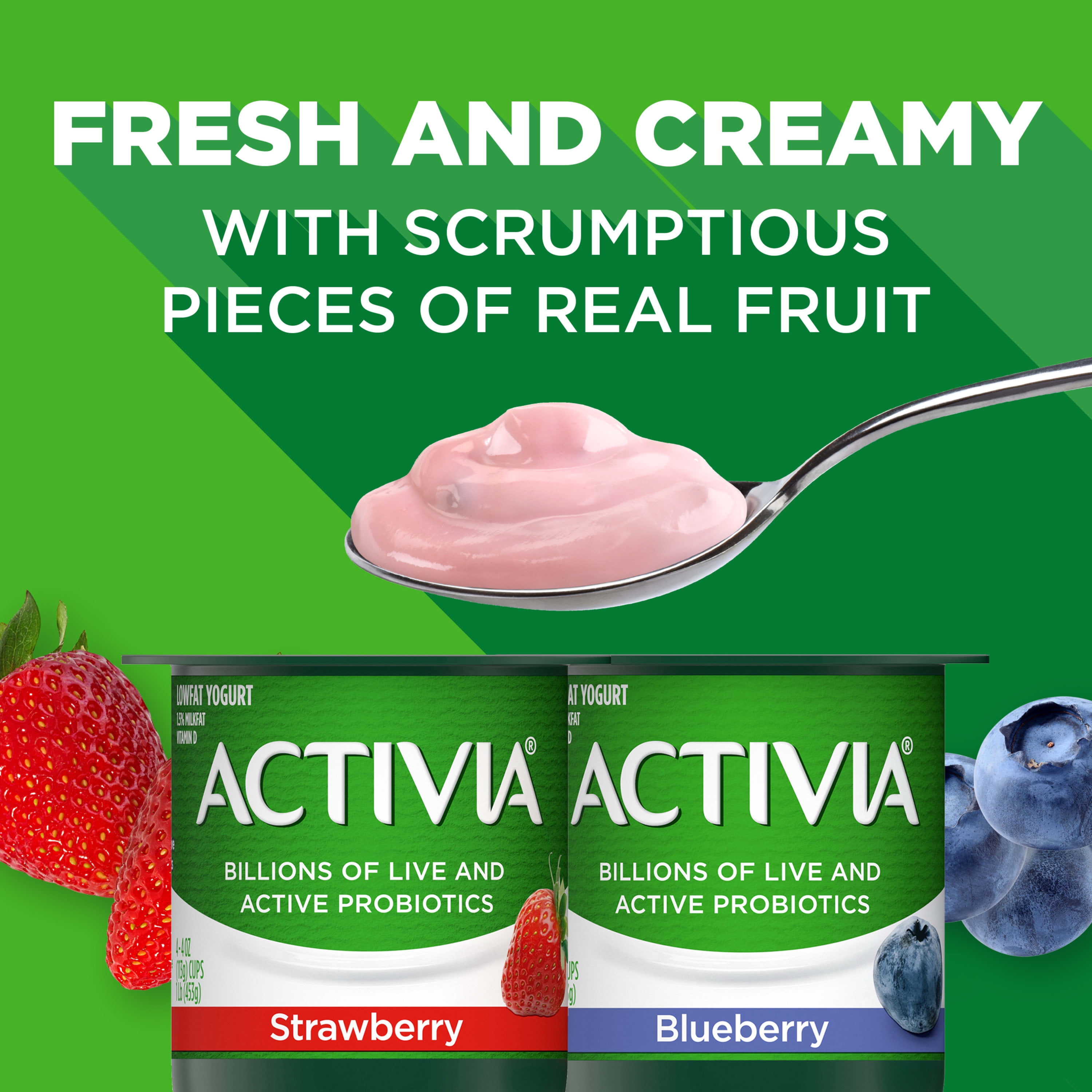 Activia Strawberry, Raspberry, Cherry & Blueberry No Added Sugar Fat Free  Multipack Yogurt 8x115g