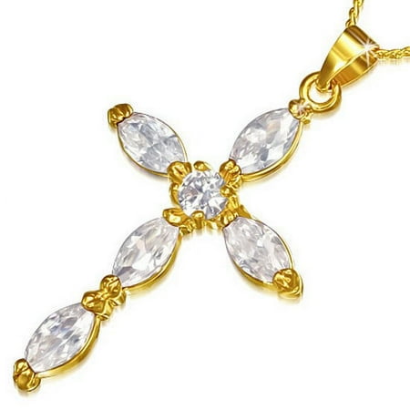 Fashion Alloy Yellow Gold-Tone Religious Cross White CZ Pendant Necklace