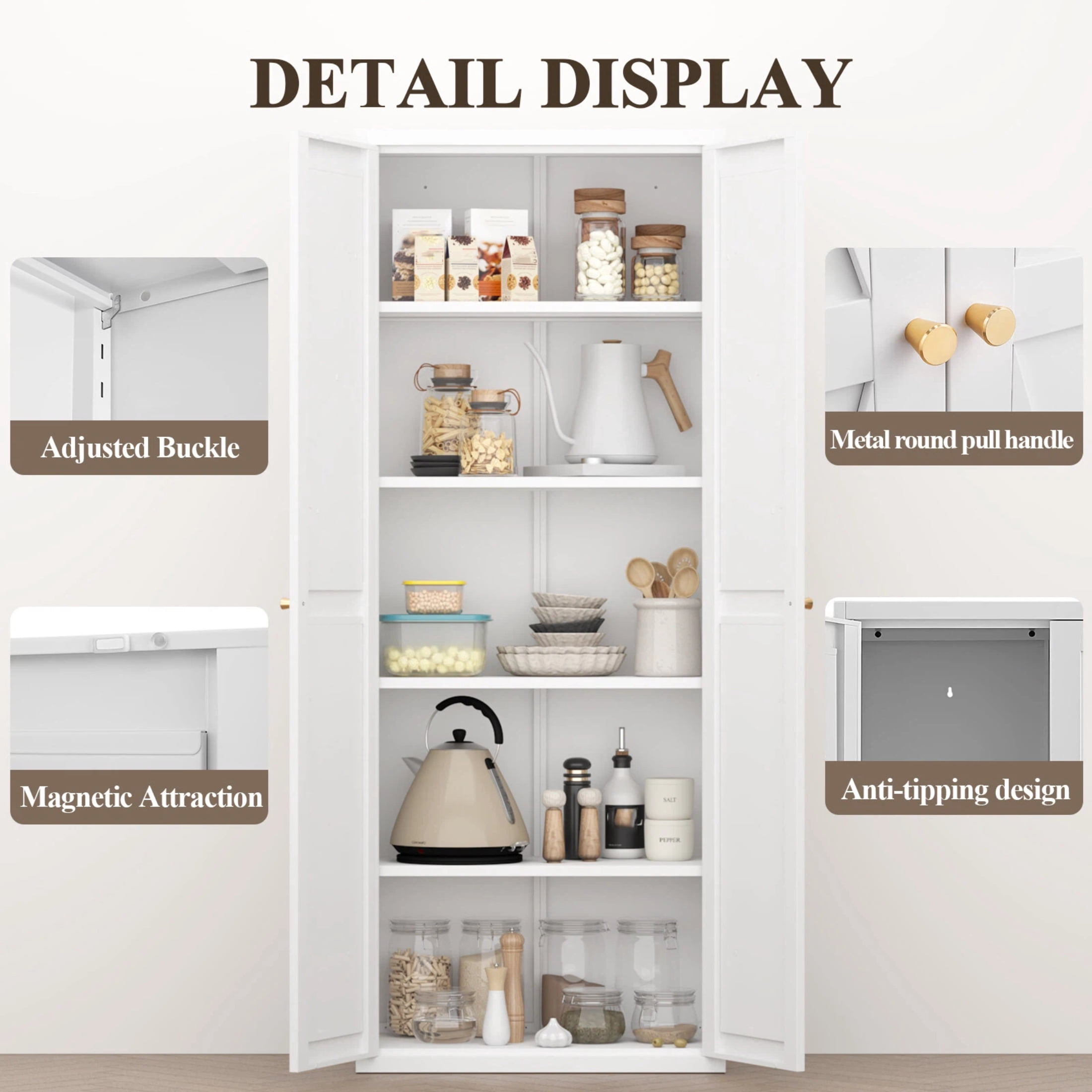 AISWORD 71 Inch Metal Kitchen Pantry Cabinet, Freestanding Storage Cupboard with 4 Adjustable Shelves, 5-Tier Tall Storage Cabinet for Kitchen Bathroom Laundry Garage, White