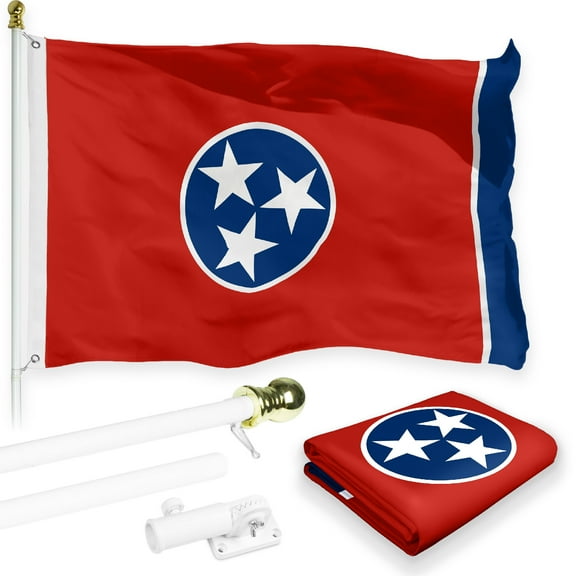 G128 Combo Pack: 6 Feet Tangle Free Spinning Flagpole (White) Tennessee TN State Flag 3x5 ft Printed 150D Brass Grommets (Flag Included) Aluminum Flag Pole