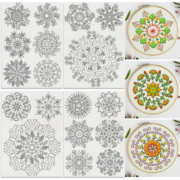 18Pcs Mandala Flower Water Soluble Hand Sewing Stabilizers 8.3"x11.7" Snowflake Mandala Embroidery Pattern Stabilizer 4 Sheets Stick and Stitch Embroidery Paper Sticker