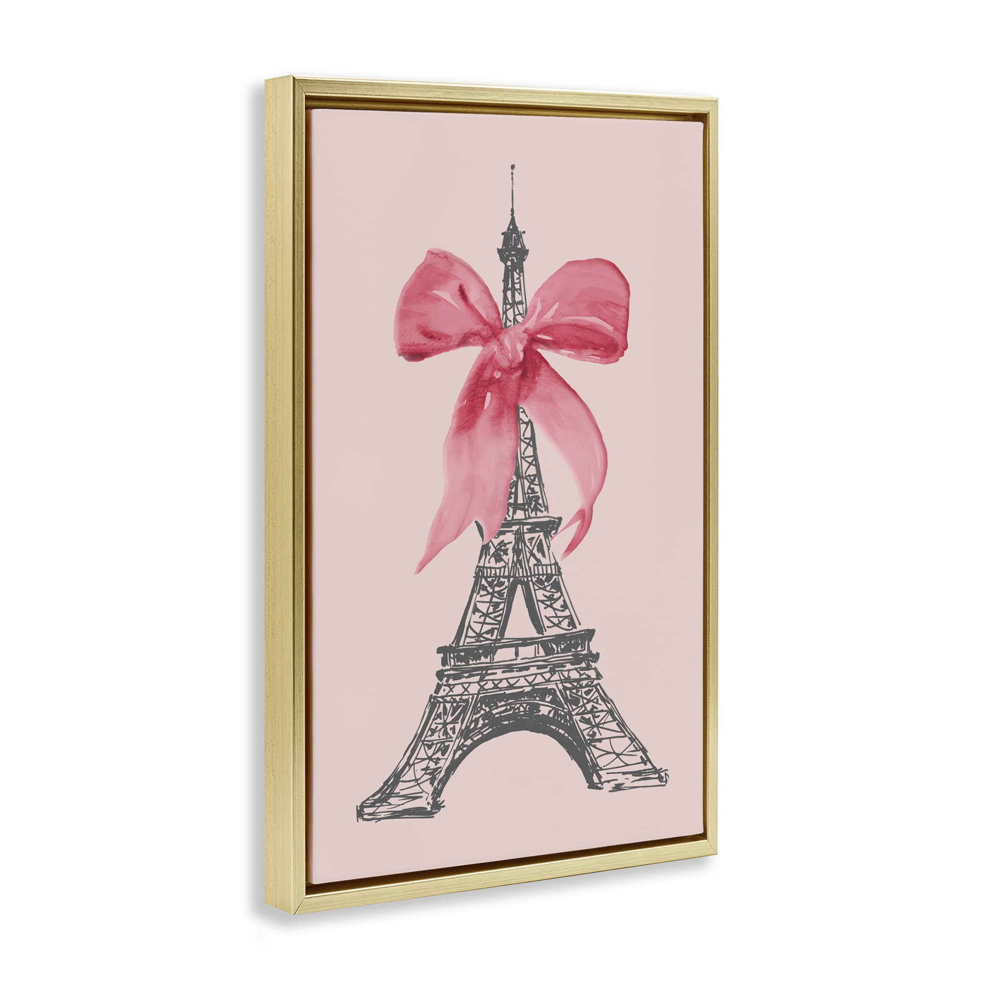 Stupell Industries Pink Bow on Eiffel Tower Buildings & Architecture Painting Gold Floater Framed Canvas Art Print Wall Art, 21 x 31