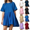 thumbnail image 5 of Tumotour summer dress for women Round Neck Short Sleeve Dress Casual Loose Solid color Patchwork Pleated A Line Beach Mini Dress, 5 of 5