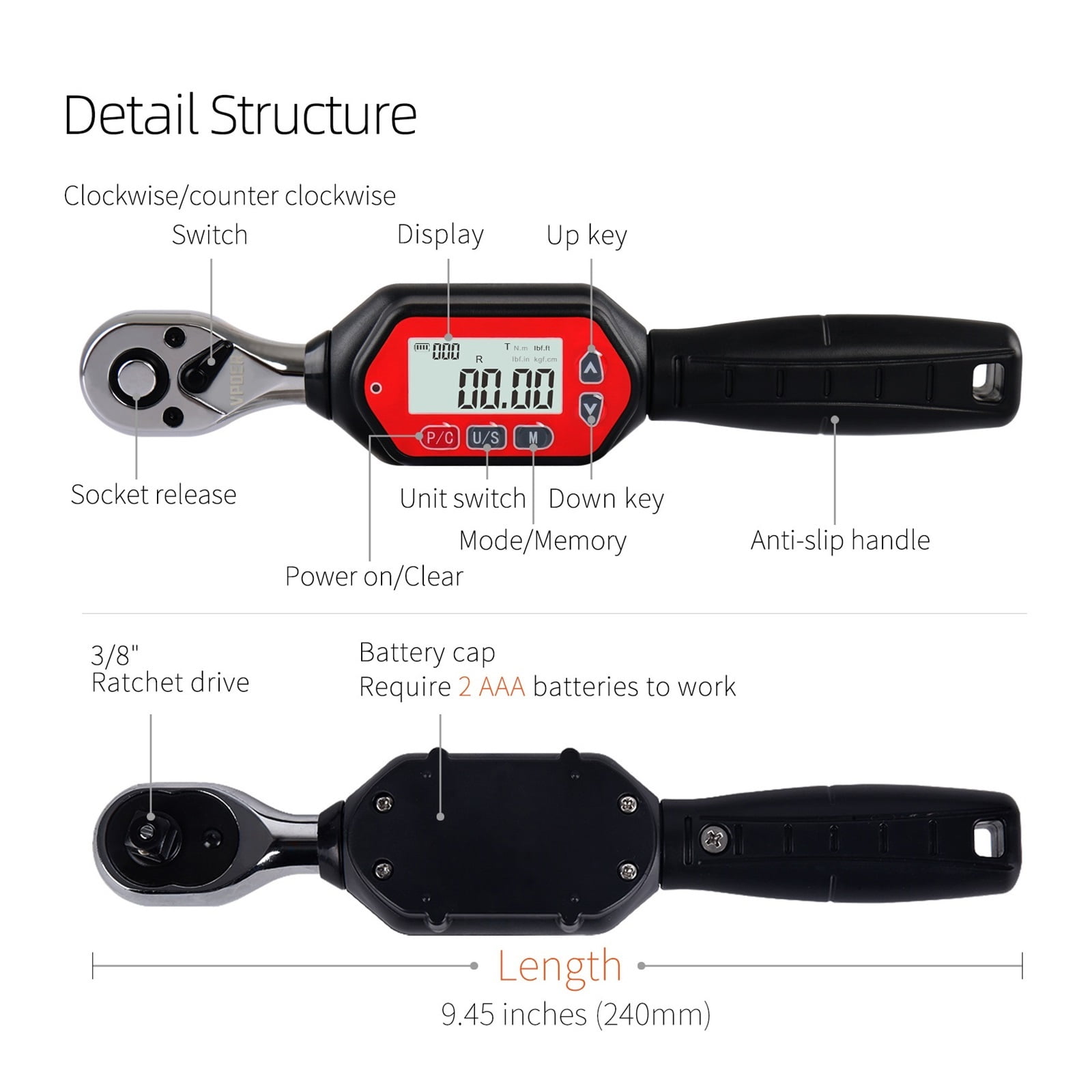 3/8-inch Drive 1.8-60 Nm Digital Torque Wrench, 1.33-44.25 Ft-lbs (16-531 Inch Pound) With Buzzer & LED, Calibrated ,Precision & Robust