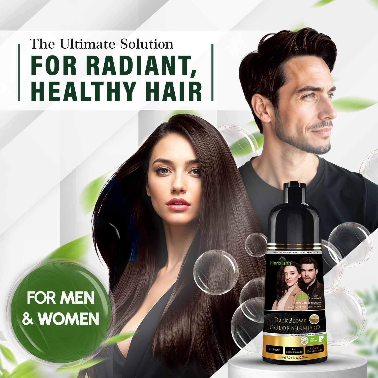 (2 pack) Herbishh Dark Brown Hair Color Shampoo for Gray Hair, Hair Dye Shampoo 3 in 1, 100% Gray Coverage, Permanent Hair Color for Men & Women, Ammonia-free, 200 ml