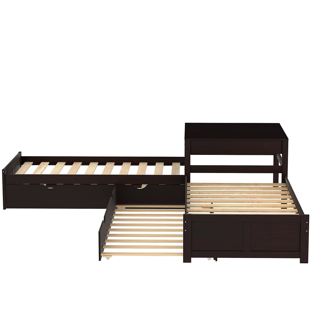 Kadyn L-shaped Platform Bed with Two Trundles and Built-in Square Table,Espresso Kadyn L-shaped Platform Bed with Two Trundles and Built-in Square Table,Espresso