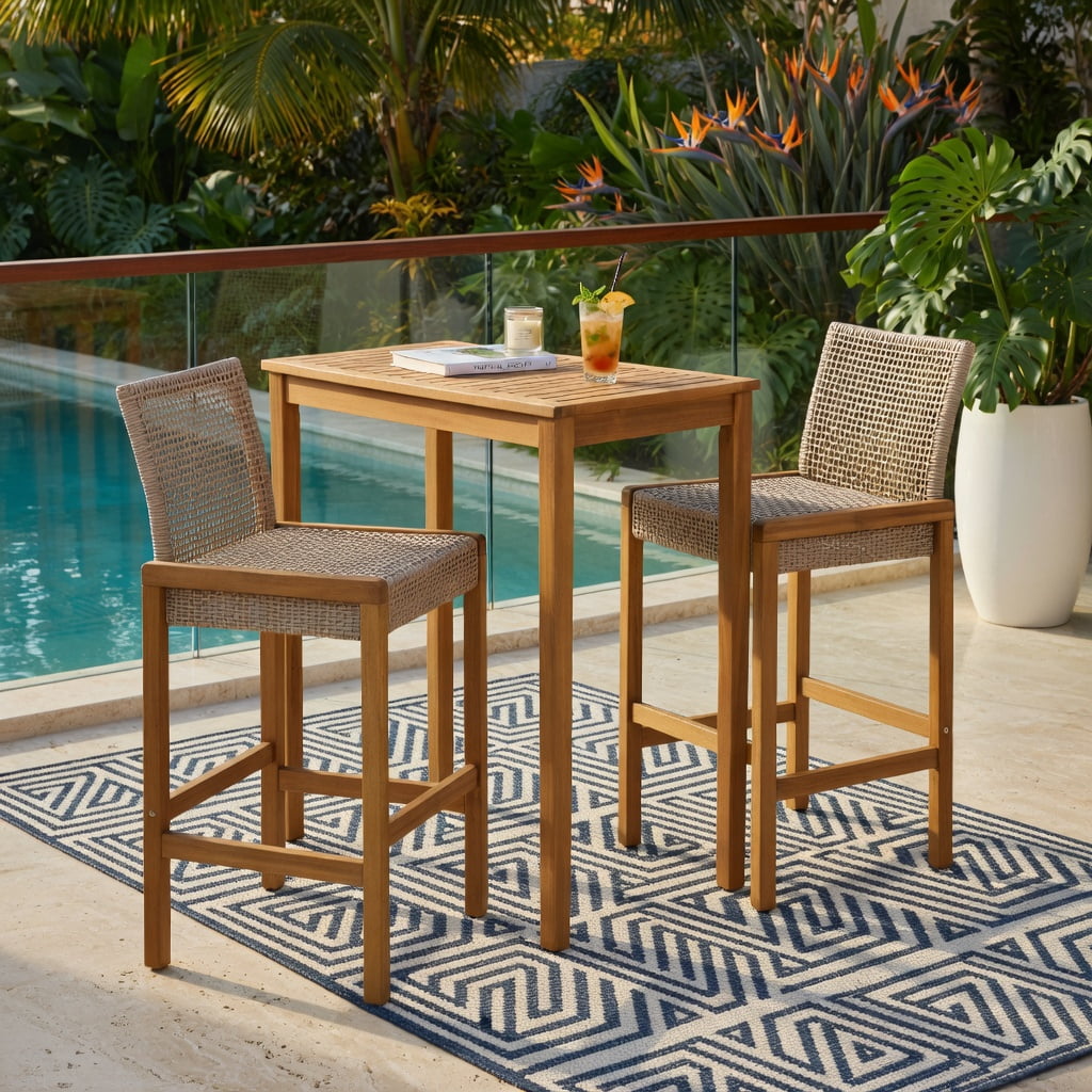Hommoo 2-Pack PE Rattan & Teak Acacia Wood Bar Stools with Backrest, Indoor/Outdoor Patio Dining Chairs, Ergonomic Design, Light Brown