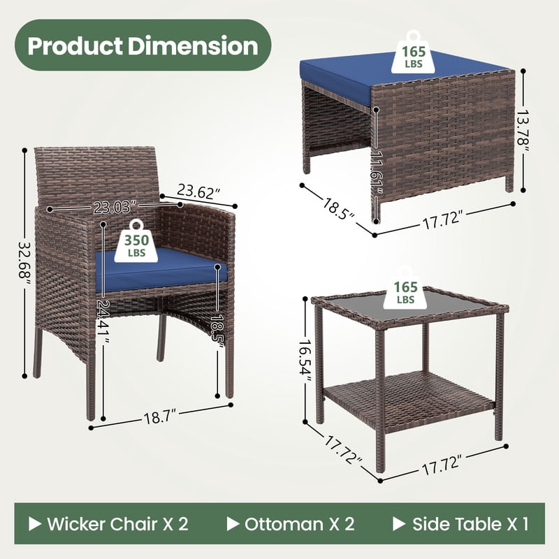 ELPOSUN 5 Piece Patio Furniture Set, Outdoor Conversation Wicker Chairs for Two with Ottoman Underneath,Brown Rattan,Navy